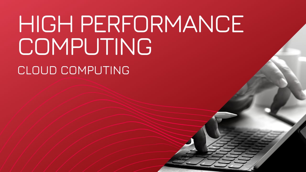 A red and black graphic banner with the text 'High Performance Computing – Cloud Computing'. The right side of the image shows a grayscale close-up of hands typing on a laptop keyboard, suggesting modern digital computing