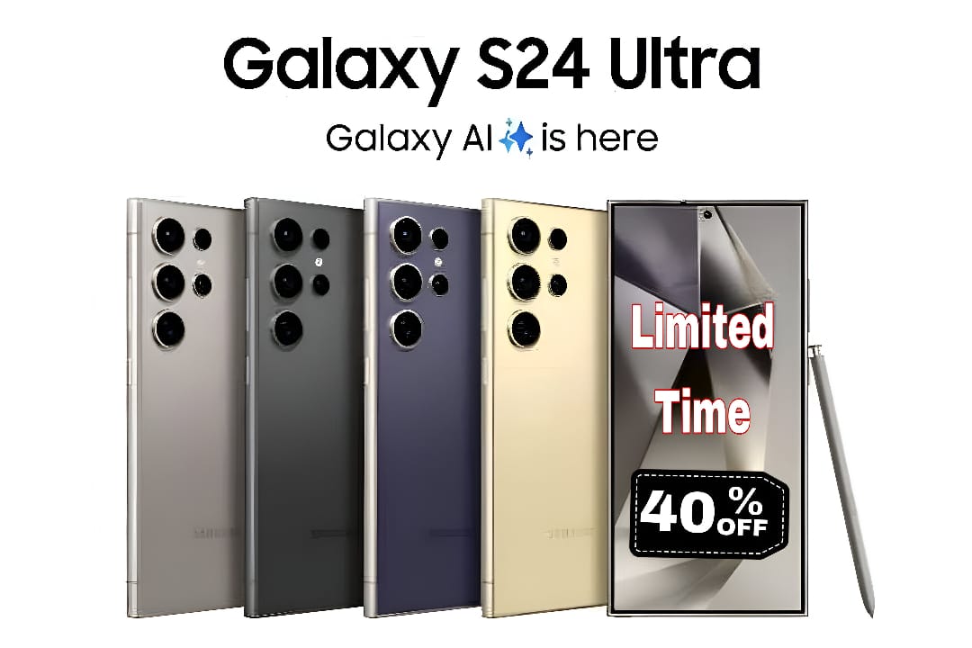 A Samsung Galaxy S24 Ultra 5G smartphone is shown with a promotional banner highlighting a 40% discount.